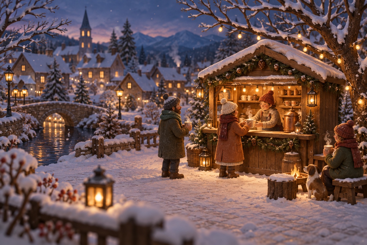 An original winter illustration of neighbors gathered at a glowing cocoa stand in a snowy village.